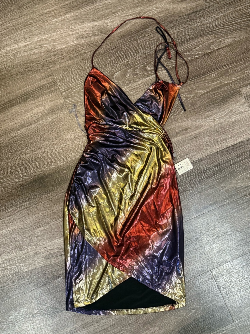Sabora Metallic Ombre Wrap Mini Dress in Red, Gold, Blue